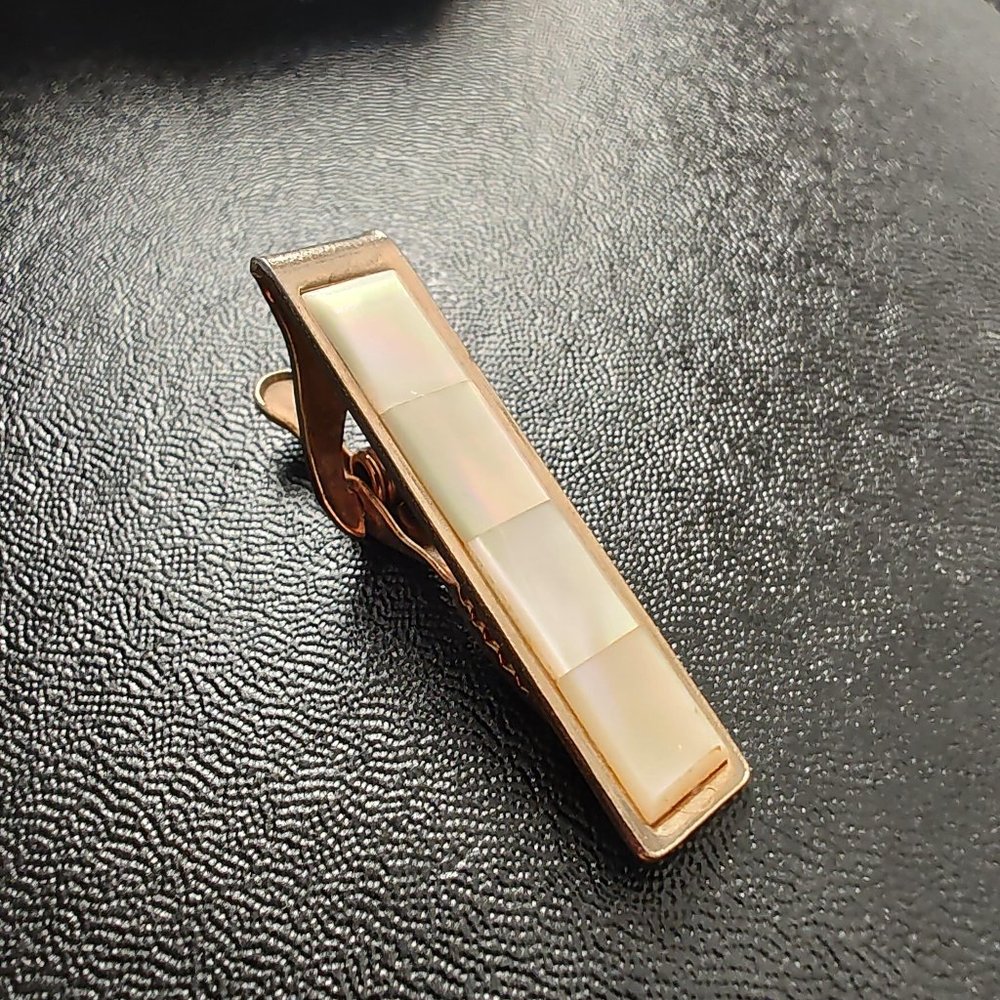 Mens 1950s Tie Bar Clip Gold Tone and Mother of Pearl